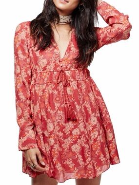 Free People Brick Red Pink Floral Babydoll Mini Dress Size S Boho Cottagecore